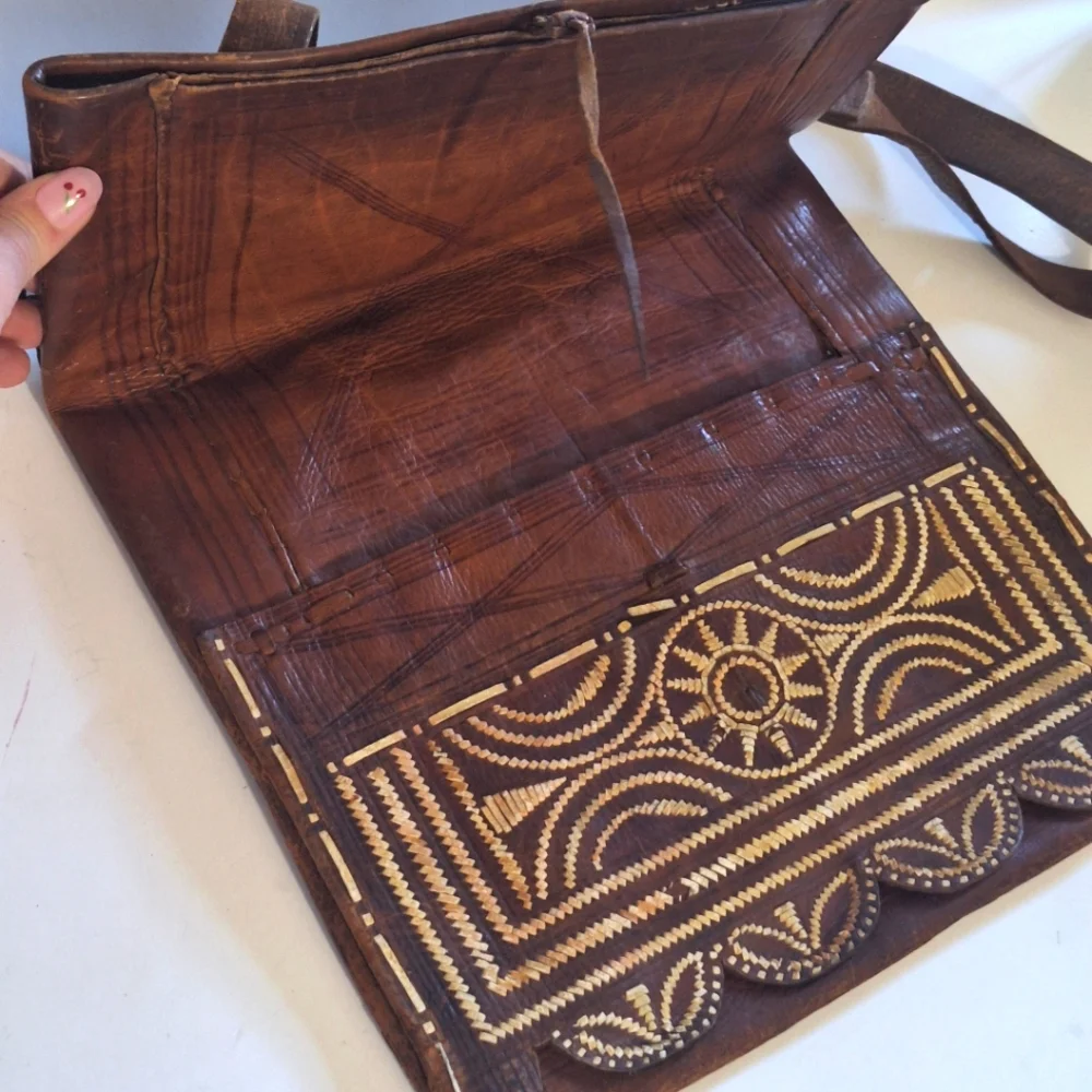 Antique Handmade Hide Leather Messenger Crossbody Bag Morrocan Style Embroidery